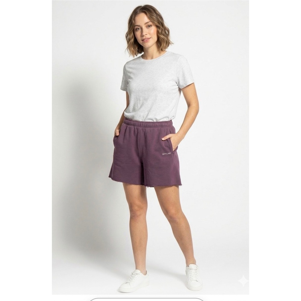 OFFLINE by Aerie Baggy Fit Sweat Shorts Purple Raw Hem Fleece Lined Large
